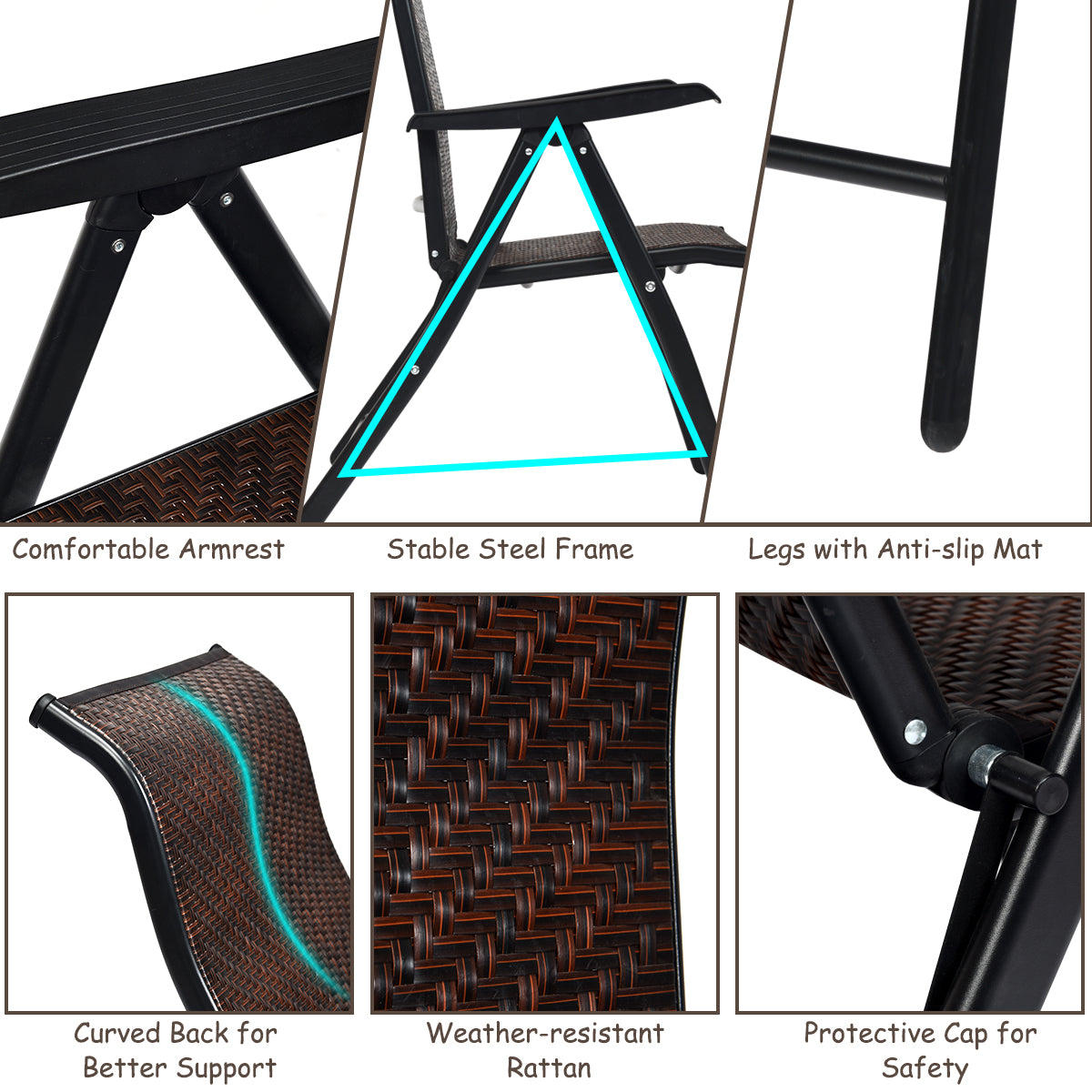 Livsk costway 4 rotan vouwstoelen voor de patio draagbare buiten kampeerstoelen bruin 6