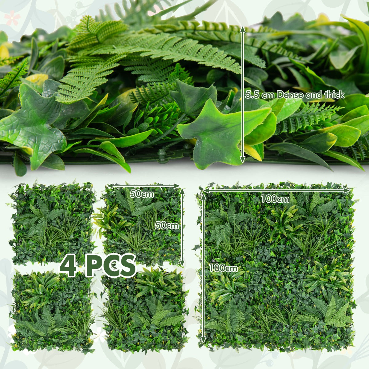 LIVSK Kunsthaag Wandpanelen - Set van 4 - 50 x 50 cm - Natuurlijke uitstraling met 7 kunstgrasvarianten - Groen