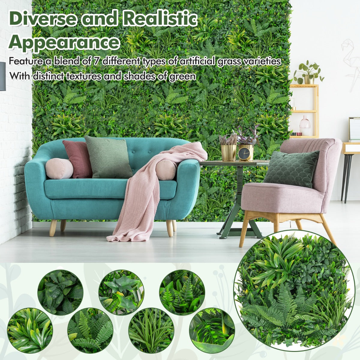 LIVSK Kunsthaag Wandpanelen - Set van 4 - 50 x 50 cm - Natuurlijke uitstraling met 7 kunstgrasvarianten - Groen