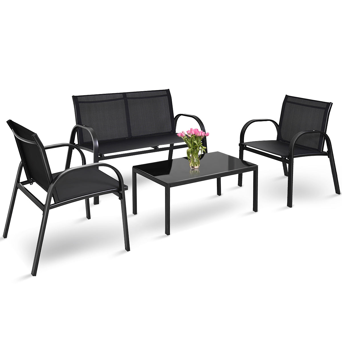LIVSK Tuinmeubelset 4-delig - 1 Dubbele Stoel, 2 Enkele Stoelen, Tafel - Ademende Netstof - Gepoederd Ijzer - Zwart