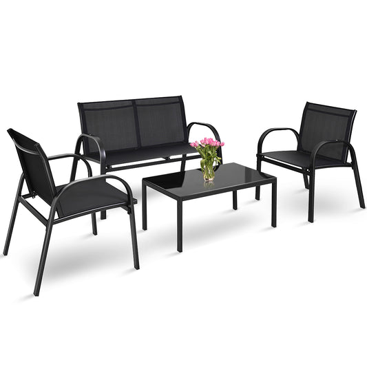 LIVSK Tuinmeubelset 4-delig - 1 Dubbele Stoel, 2 Enkele Stoelen, Tafel - Ademende Netstof - Gepoederd Ijzer - Zwart