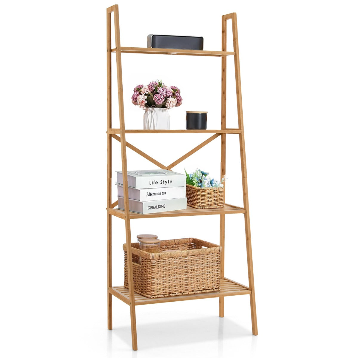 Livsk costway 4 tier ladderplank gemaakt van bamboe multifunctionele plantentribune vertoningsplank voor woonkamer keuken bureau natuur