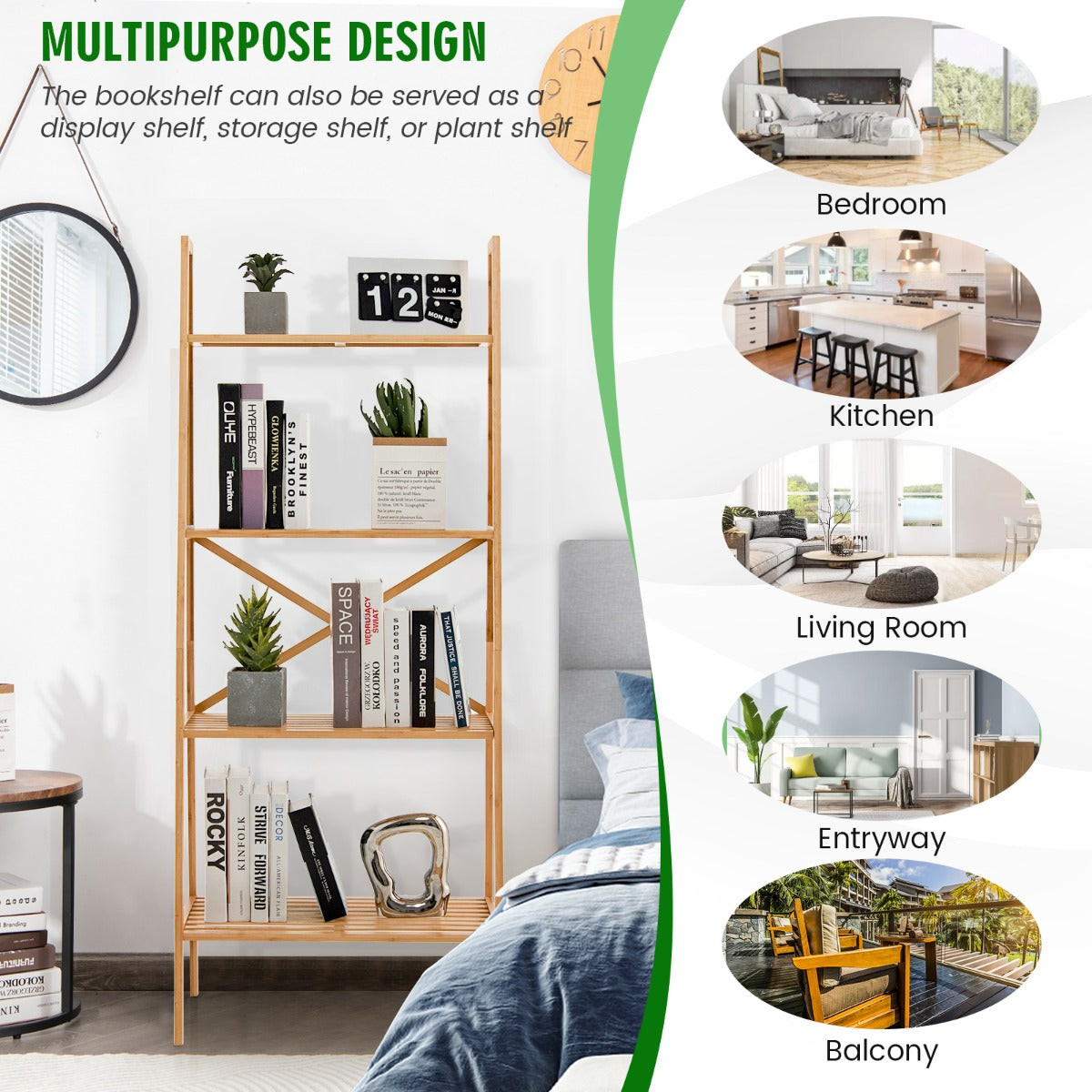 Livsk costway 4 tier ladderplank gemaakt van bamboe multifunctionele plantentribune vertoningsplank voor woonkamer keuken bureau natuur 4