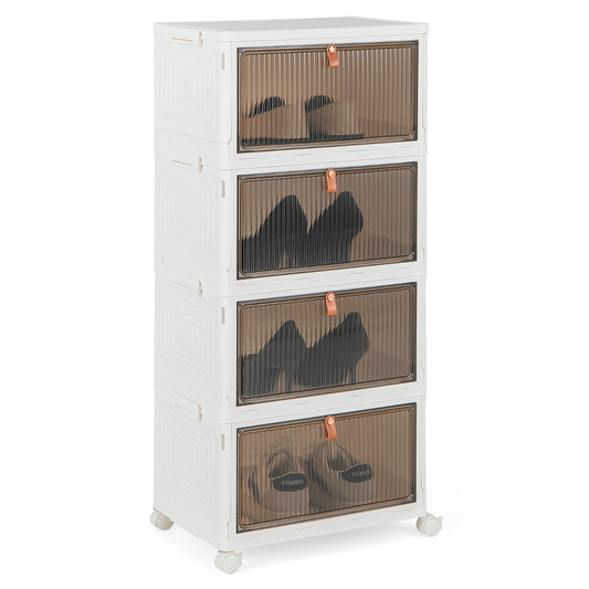 LIVSK Opvouwbare Schoenenorganiser - 4 Niveaus - Duurzaam PP-materiaal - Transparante Deuren - 40 x 37,5 x 83,5 cm - Wit + Bruin