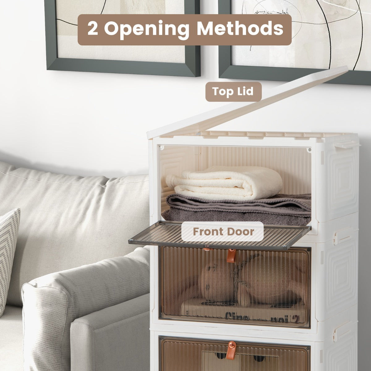 LIVSK Opvouwbare Schoenenorganiser - 4 Niveaus - Duurzaam PP-materiaal - Transparante Deuren - 40 x 37,5 x 83,5 cm - Wit + Bruin