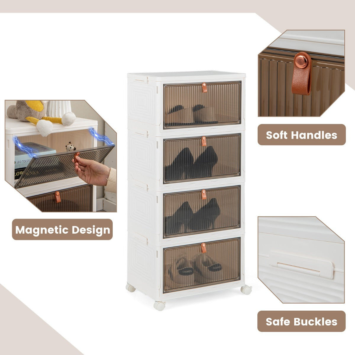 LIVSK Opvouwbare Schoenenorganiser - 4 Niveaus - Duurzaam PP-materiaal - Transparante Deuren - 40 x 37,5 x 83,5 cm - Wit + Bruin