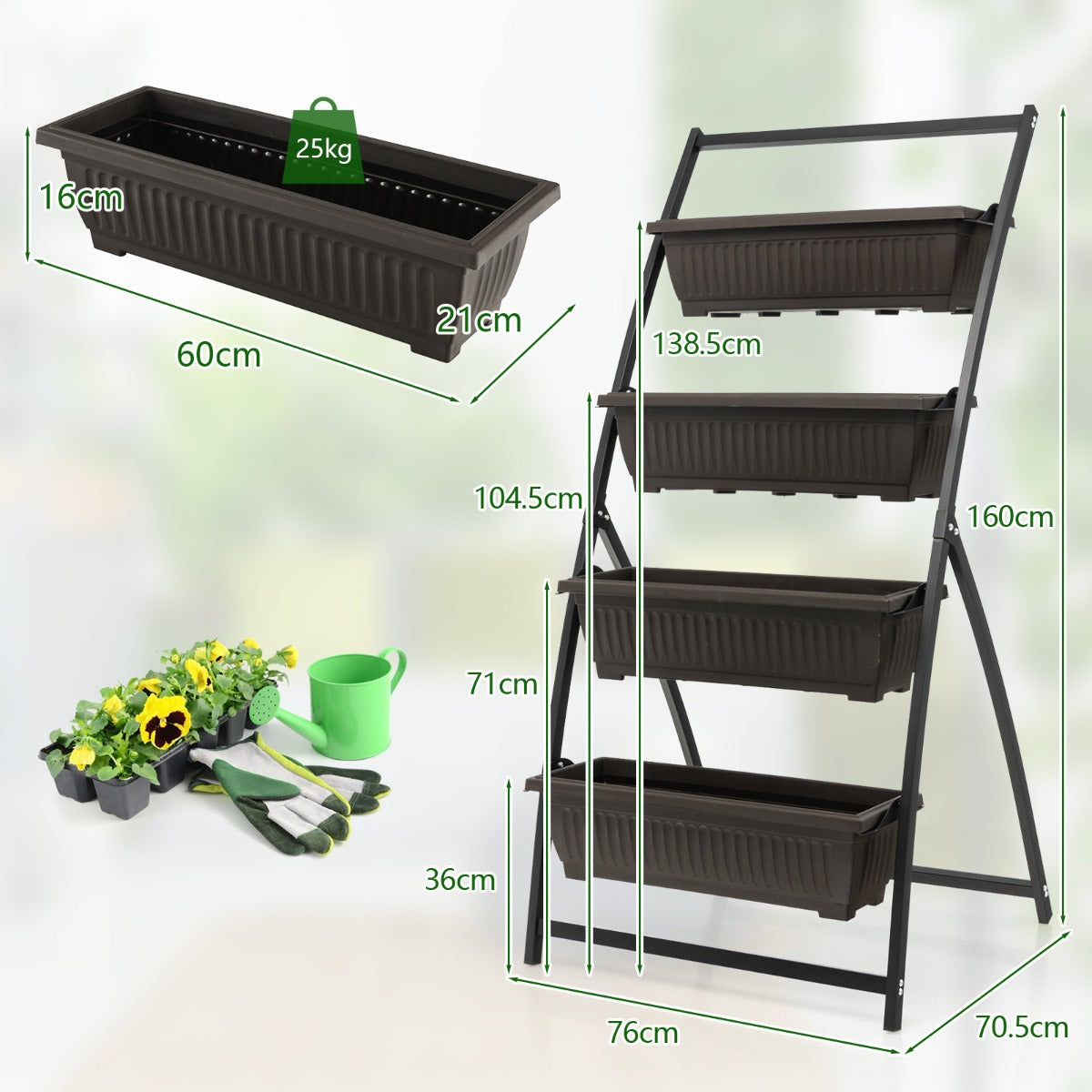 LIVSK Verticale Plantenbak - 4 Laags Ontwerp - Drainagegaten - Eenvoudige Montage - 76 x 70,5 x 160 cm - Zwart/Bruin