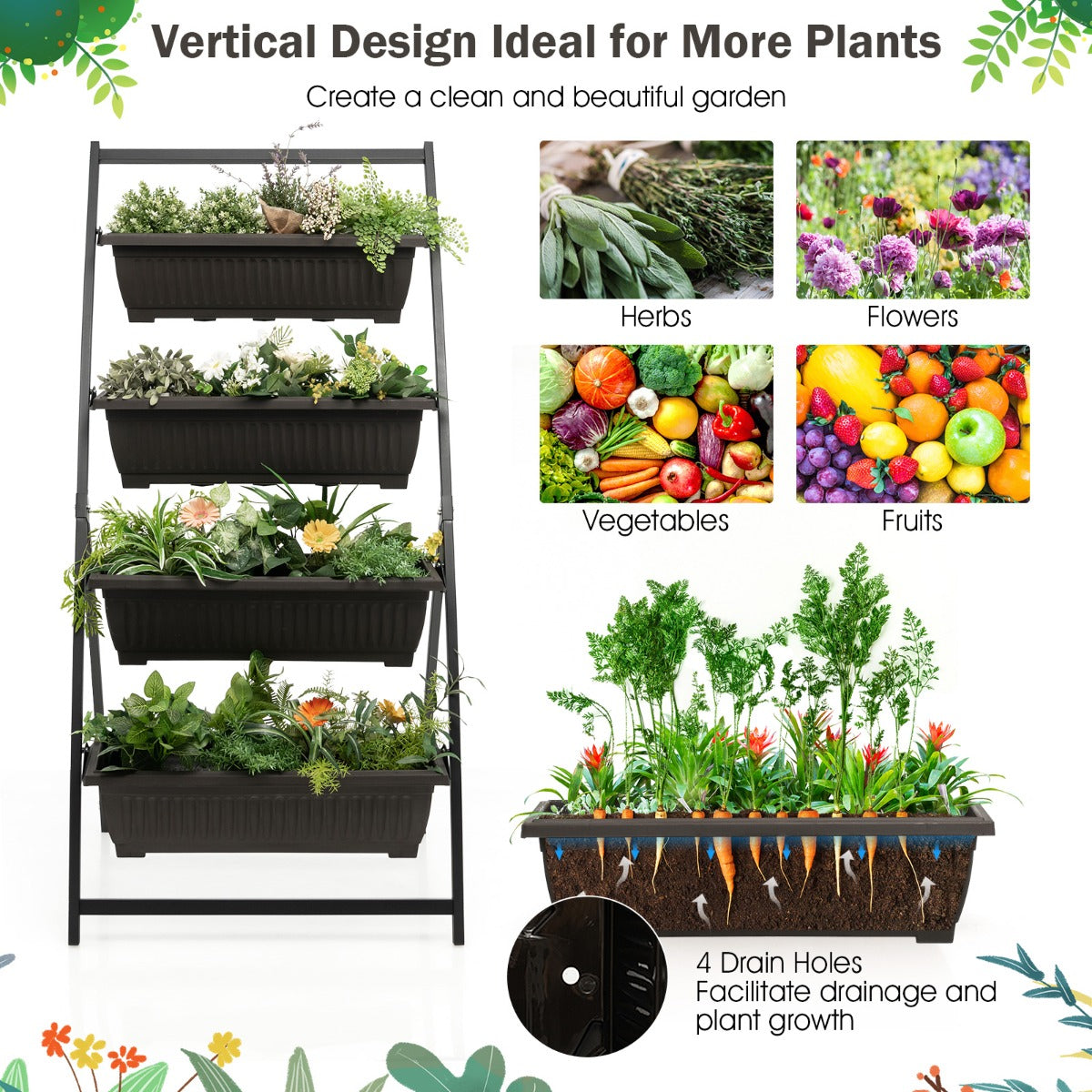LIVSK Verticale Plantenbak - 4 Laags Ontwerp - Drainagegaten - Eenvoudige Montage - 76 x 70,5 x 160 cm - Zwart/Bruin