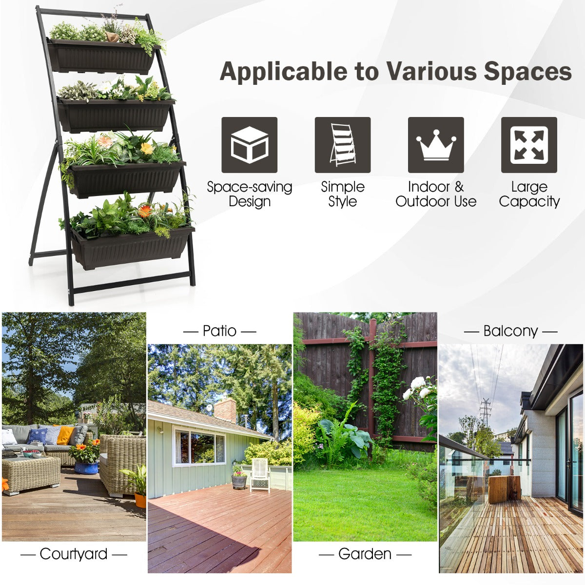 LIVSK Verticale Plantenbak - 4 Laags Ontwerp - Drainagegaten - Eenvoudige Montage - 76 x 70,5 x 160 cm - Zwart/Bruin