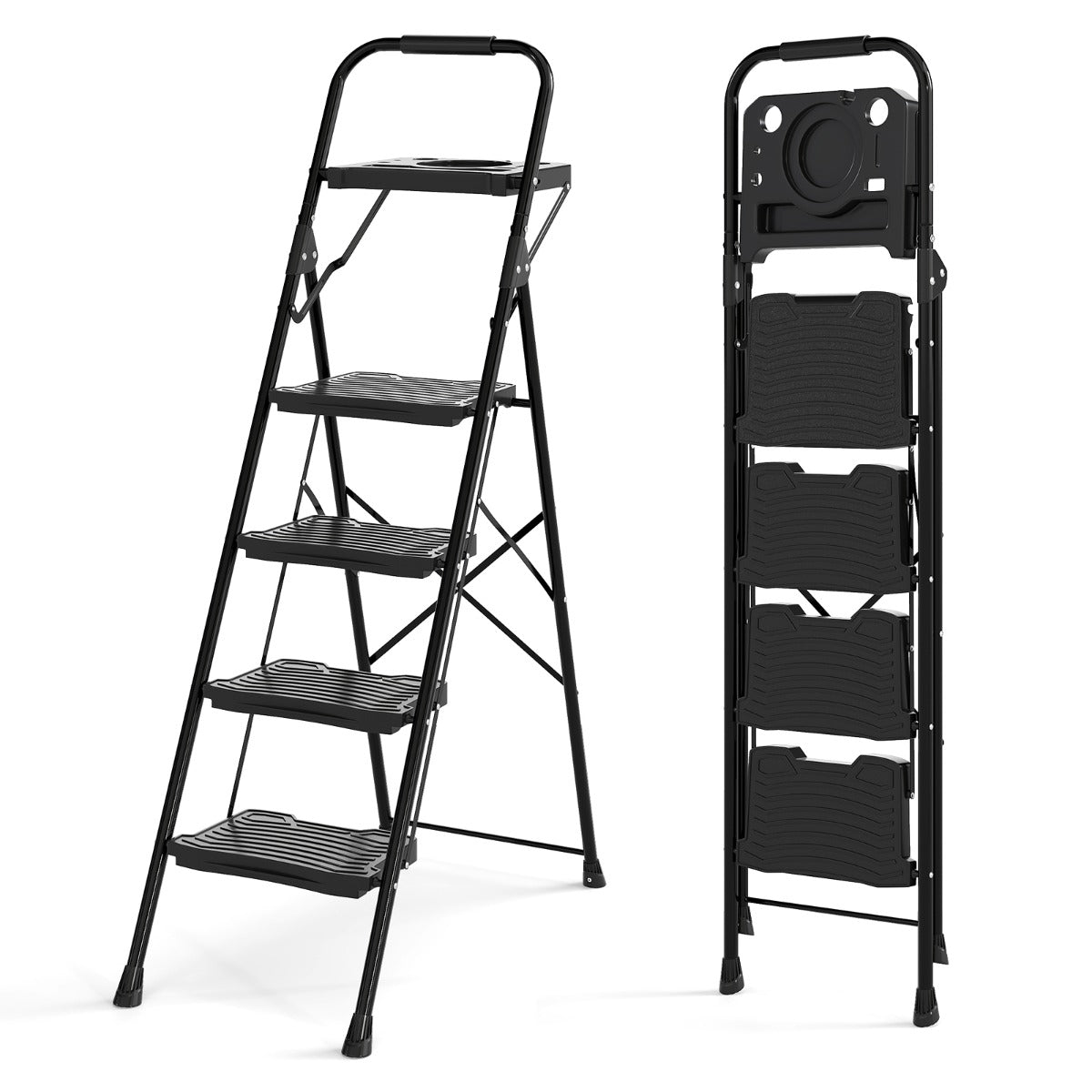Livsk costway 4 treden ladder met gereedschapsbak multifunctionele draagbare klapladder voor thuis keuken kantoor 1 1