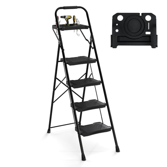 Livsk costway 4 treden ladder met gereedschapsbak multifunctionele draagbare klapladder voor thuis keuken kantoor