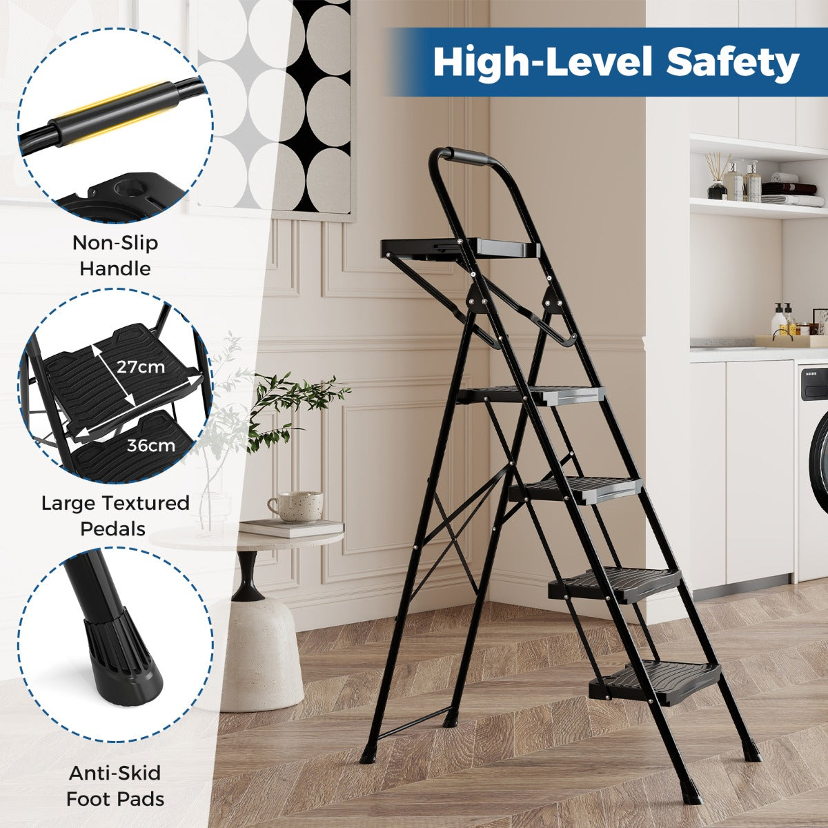 Livsk costway 4 treden ladder met gereedschapsbak multifunctionele draagbare klapladder voor thuis keuken kantoor 4
