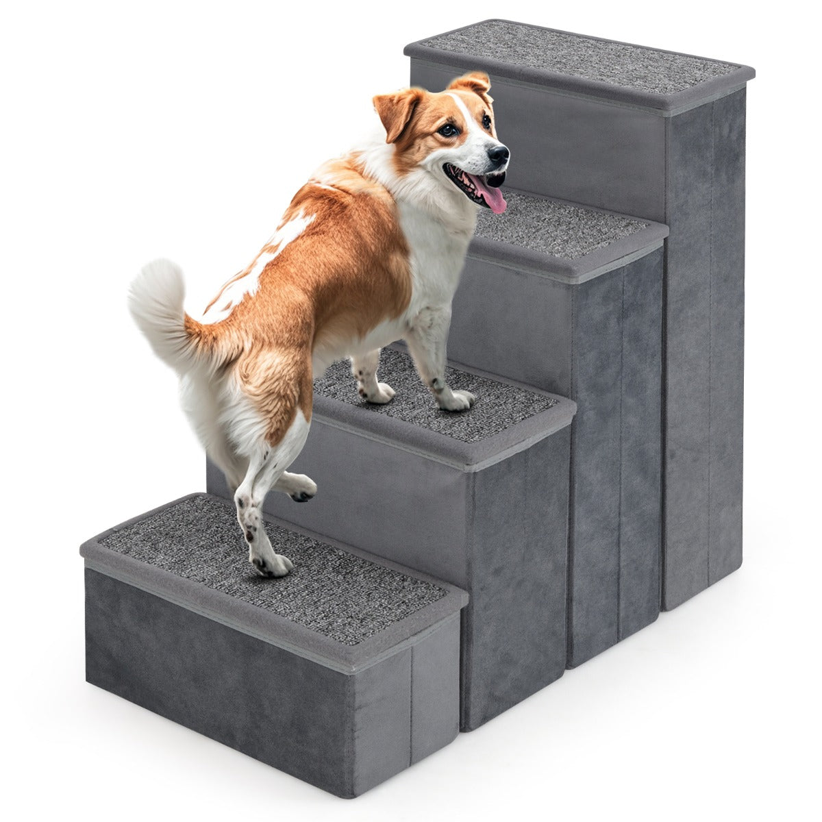 LIVSK 4-traps Hondentrap - Opvouwbaar met Opbergruimte - Antislip en Zacht Fluweel - Voor Kleine en Middelgrote Honden - Grijs