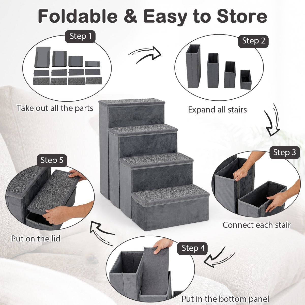 LIVSK 4-traps Hondentrap - Opvouwbaar met Opbergruimte - Antislip en Zacht Fluweel - Voor Kleine en Middelgrote Honden - Grijs