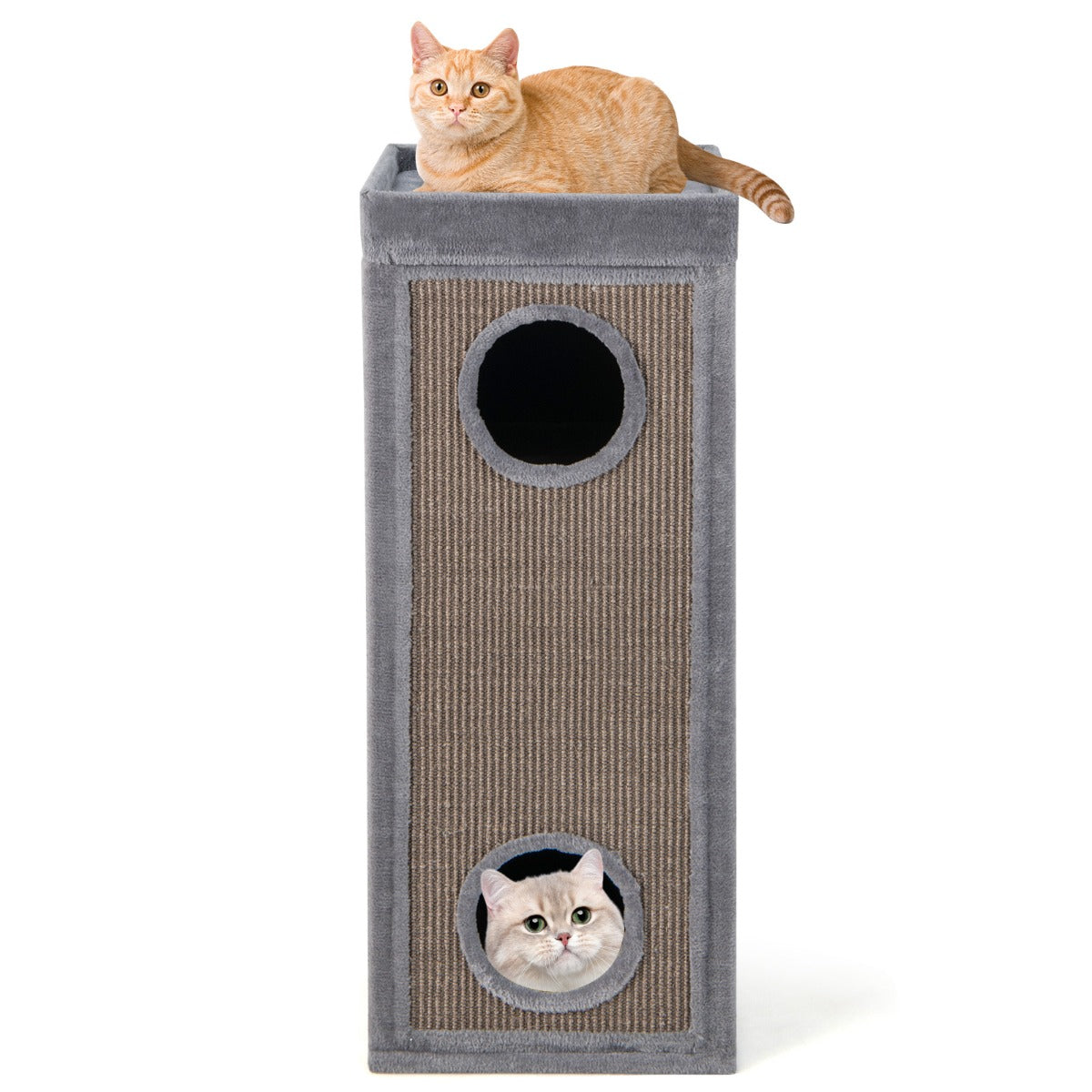 LIVSK Kattenhuis - 4 Verdiepingen - 3 Schuilplaatsen - Krabplanken - Pluche Kussens - 40 x 40 x 99 cm - Grijs