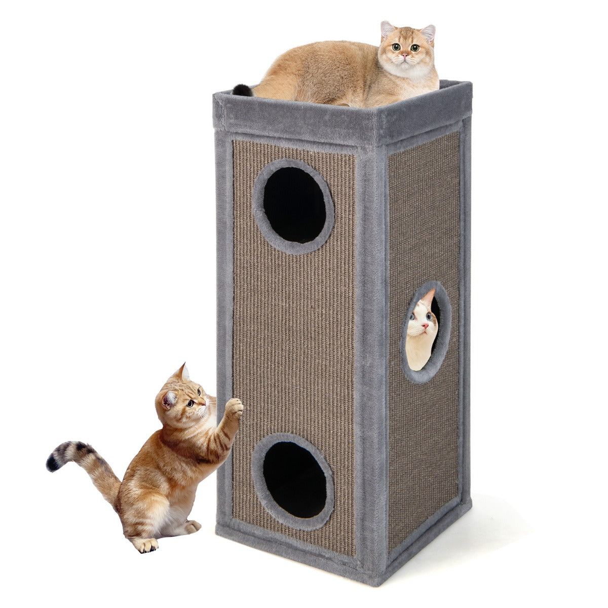 LIVSK Kattenhuis - 4 Verdiepingen - 3 Schuilplaatsen - Krabplanken - Pluche Kussens - 40 x 40 x 99 cm - Grijs
