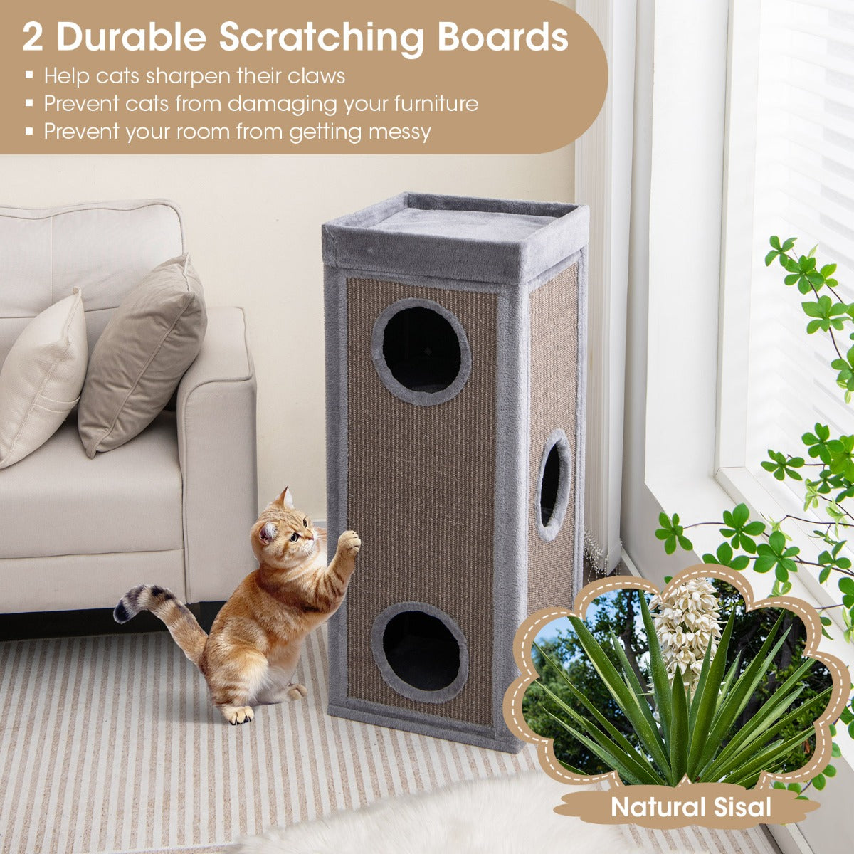 LIVSK Kattenhuis - 4 Verdiepingen - 3 Schuilplaatsen - Krabplanken - Pluche Kussens - 40 x 40 x 99 cm - Grijs