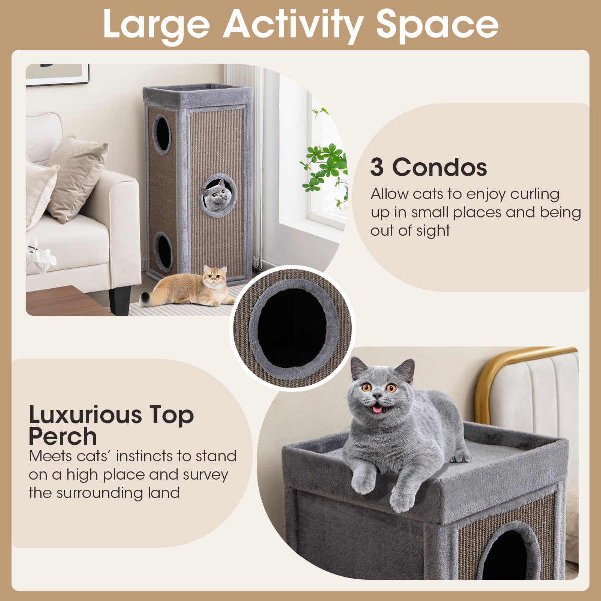 LIVSK Kattenhuis - 4 Verdiepingen - 3 Schuilplaatsen - Krabplanken - Pluche Kussens - 40 x 40 x 99 cm - Grijs