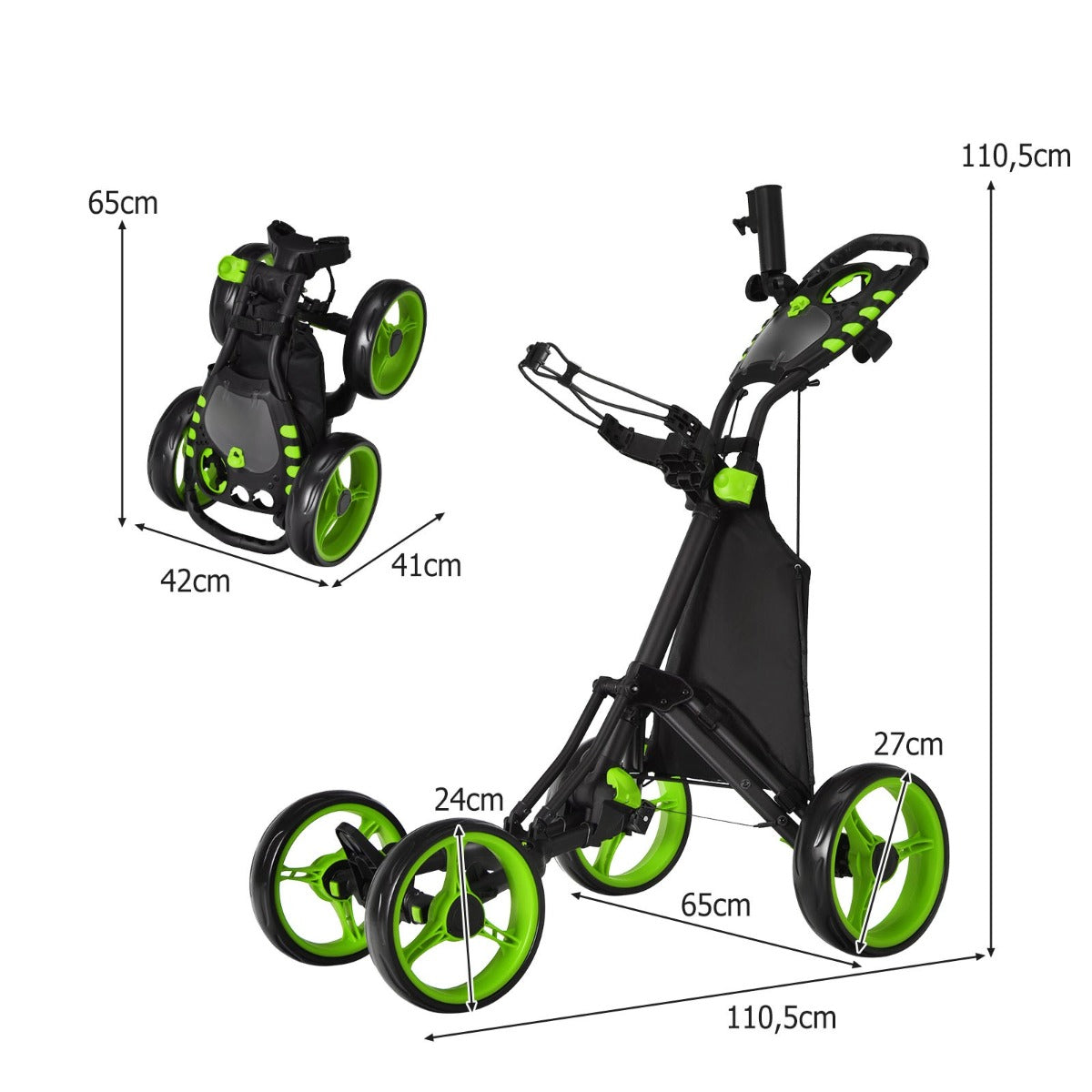 LIVSK Opvouwbare Golftrolley - Aluminium - 4 EVA Wielen - Ergonomische Handgreep - Tot 25 kg - 110,5 x 65 x 110,5 cm - Groen