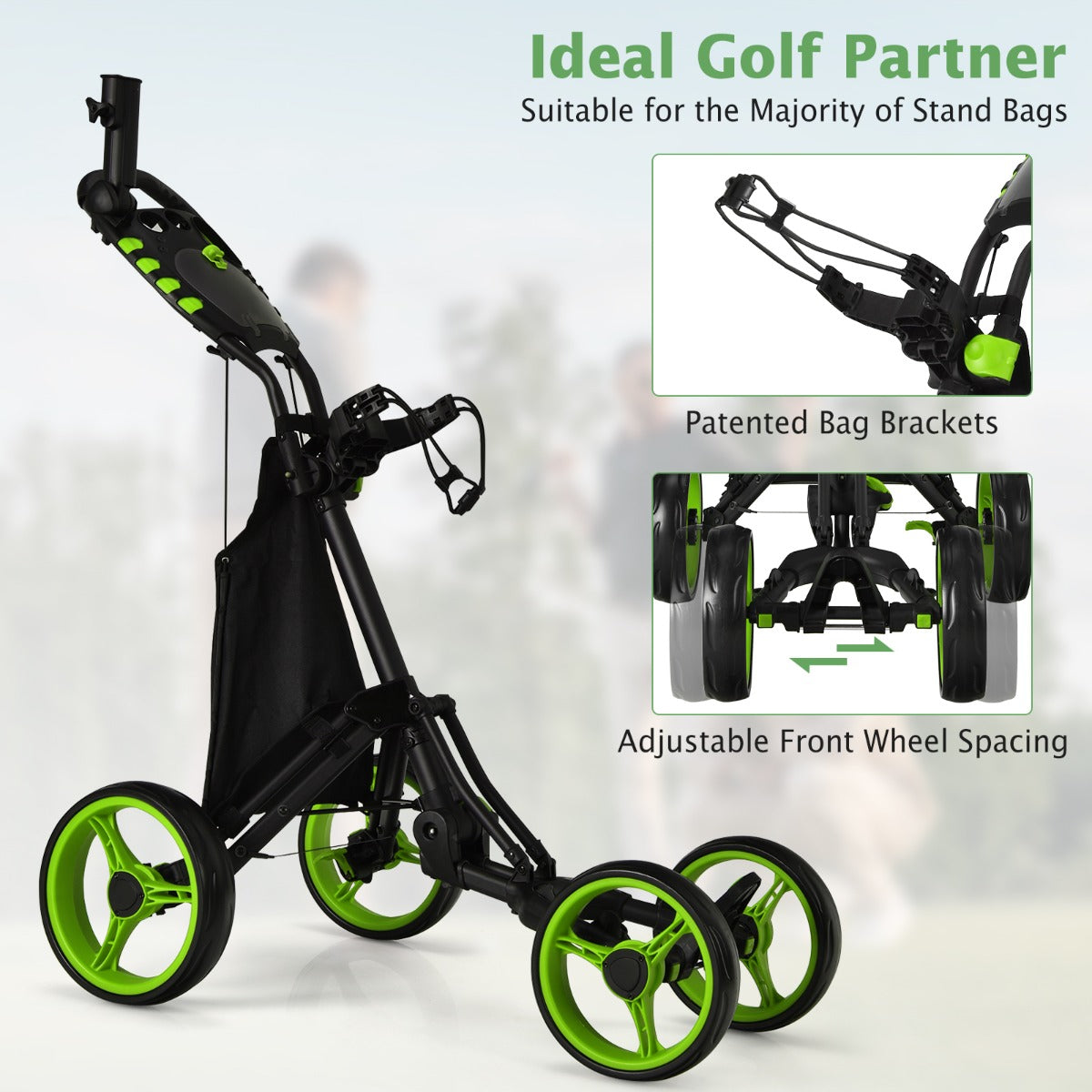 LIVSK Opvouwbare Golftrolley - Aluminium - 4 EVA Wielen - Ergonomische Handgreep - Tot 25 kg - 110,5 x 65 x 110,5 cm - Groen