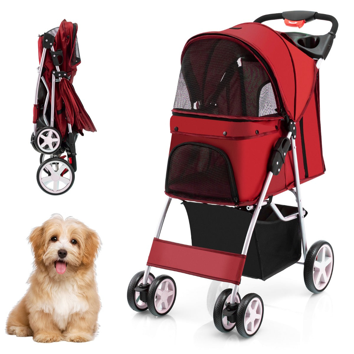 LIVSK Opvouwbare Huisdierenwagen - Ademend met 4 Gaasramen - Bekerhouder en Opbergmand - Tot 15 kg - 87 x 46 x 102 cm - Rood