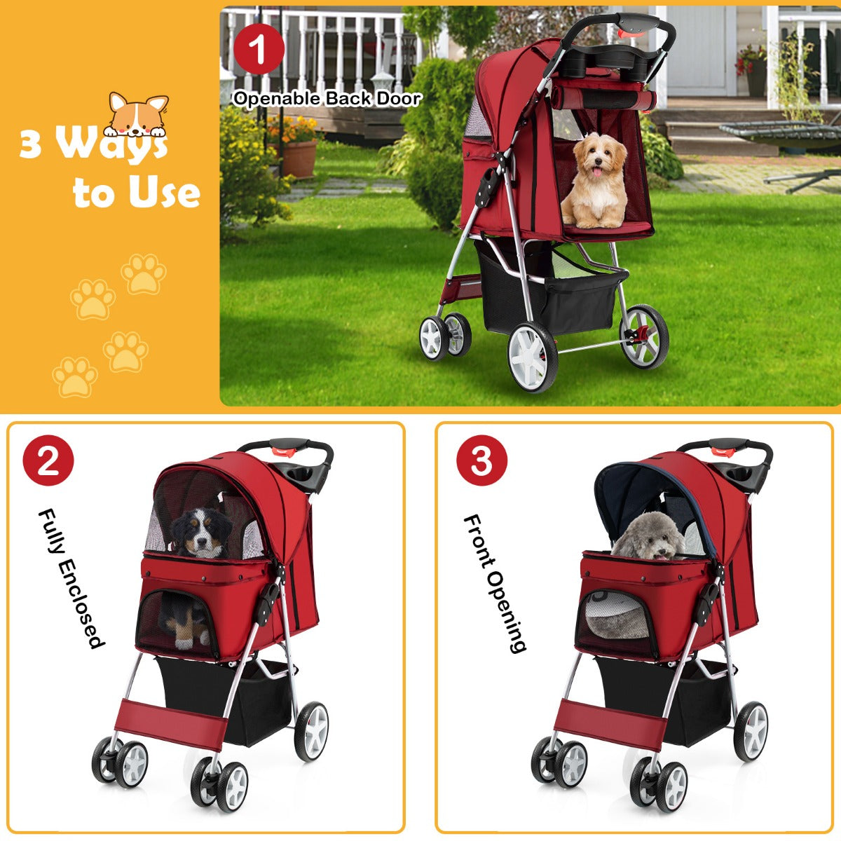 LIVSK Opvouwbare Huisdierenwagen - Ademend met 4 Gaasramen - Bekerhouder en Opbergmand - Tot 15 kg - 87 x 46 x 102 cm - Rood