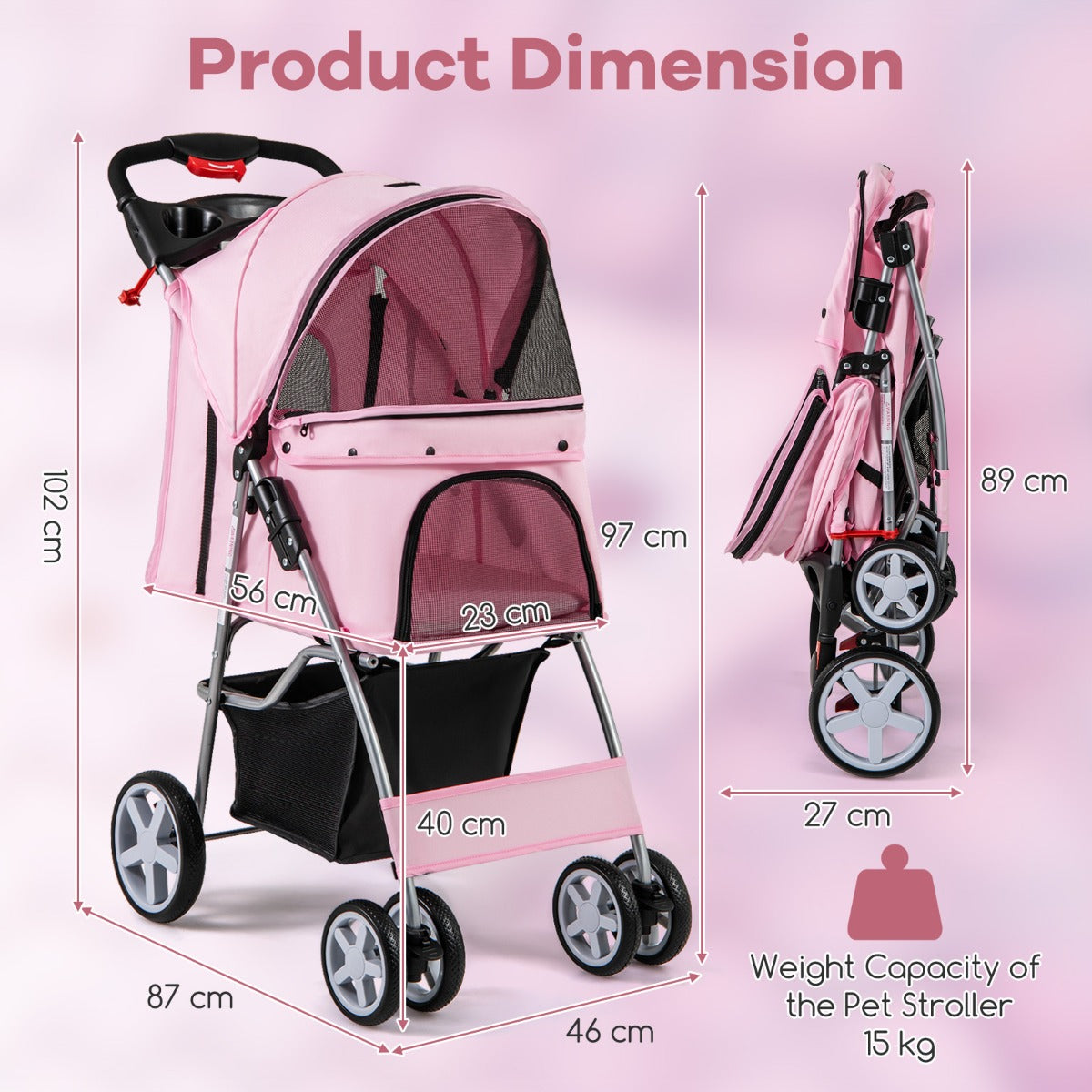 LIVSK Draagbare Huisdierwagen - Opvouwbaar met Ademend Ontwerp - Inclusief Bekerhouder en Opbergmand - Tot 15 kg - Roze/Grijs