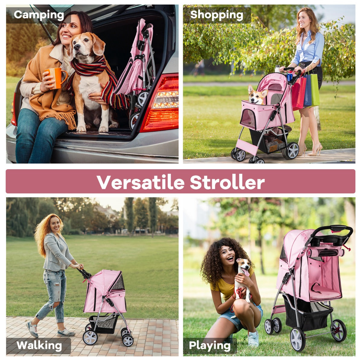 LIVSK Draagbare Huisdierwagen - Opvouwbaar met Ademend Ontwerp - Inclusief Bekerhouder en Opbergmand - Tot 15 kg - Roze/Grijs