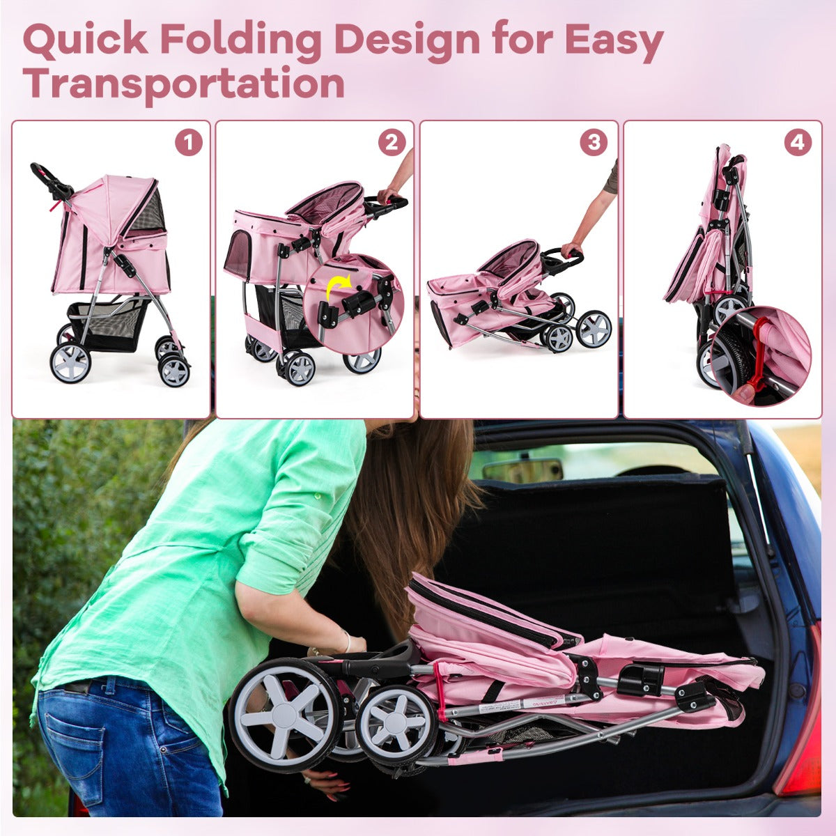 LIVSK Draagbare Huisdierwagen - Opvouwbaar met Ademend Ontwerp - Inclusief Bekerhouder en Opbergmand - Tot 15 kg - Roze/Grijs