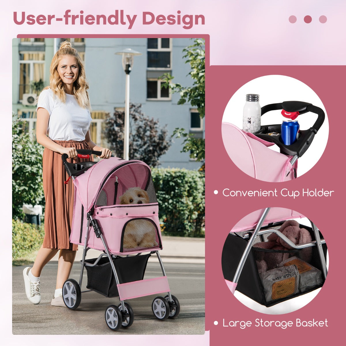 LIVSK Draagbare Huisdierwagen - Opvouwbaar met Ademend Ontwerp - Inclusief Bekerhouder en Opbergmand - Tot 15 kg - Roze/Grijs