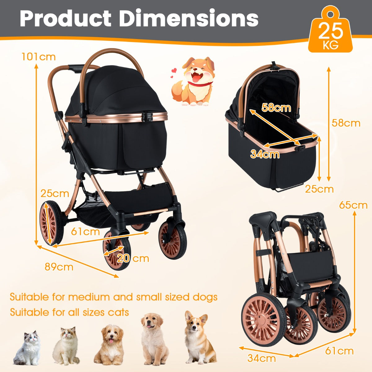 Livsk costway 4 wielige kinderwagen voor huisdieren 3 in 1 opvouwbare kinderwagen met afneembare mand zonnescherm en afneembaar kussen voor maximaal 25 kg 1 1