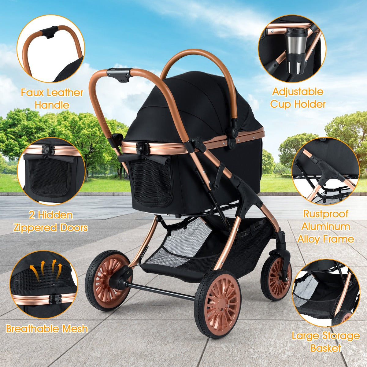 Livsk costway 4 wielige kinderwagen voor huisdieren 3 in 1 opvouwbare kinderwagen met afneembare mand zonnescherm en afneembaar kussen voor maximaal 25 kg 2