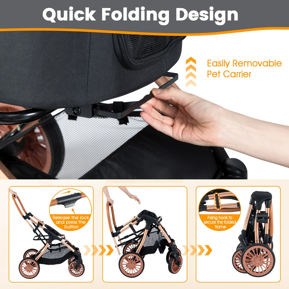 Livsk costway 4 wielige kinderwagen voor huisdieren 3 in 1 opvouwbare kinderwagen met afneembare mand zonnescherm en afneembaar kussen voor maximaal 25 kg 3