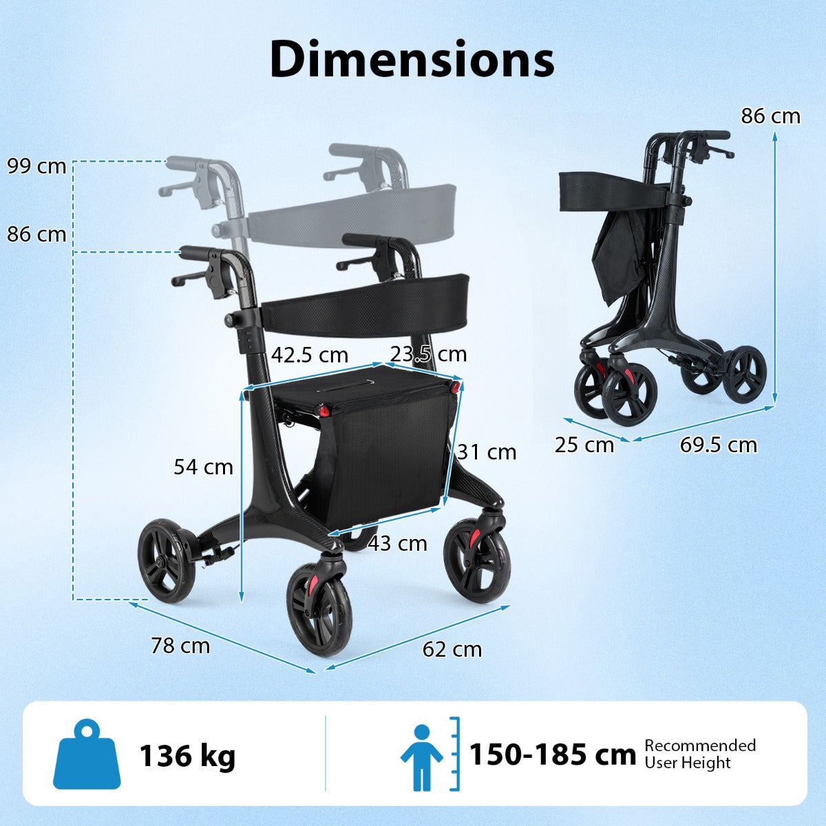 Livsk costway 4 wielige rollator ultralichte opvouwbare rollator met zitje koolstofvezel frame verstelbare handgrepen verstelbare rugleuning en opbergvak 1