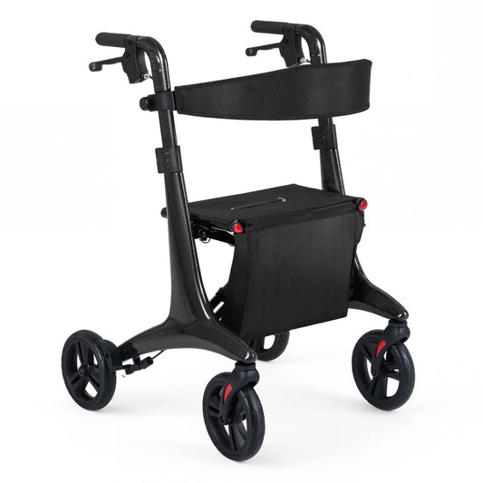 Livsk costway 4 wielige rollator ultralichte opvouwbare rollator met zitje koolstofvezel frame verstelbare handgrepen verstelbare rugleuning en opbergvak