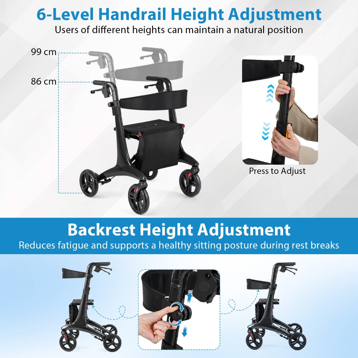 Livsk costway 4 wielige rollator ultralichte opvouwbare rollator met zitje koolstofvezel frame verstelbare handgrepen verstelbare rugleuning en opbergvak