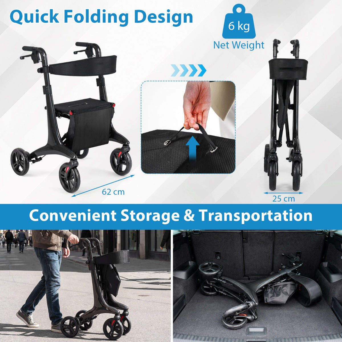 Livsk costway 4 wielige rollator ultralichte opvouwbare rollator met zitje koolstofvezel frame verstelbare handgrepen verstelbare rugleuning en opbergvak