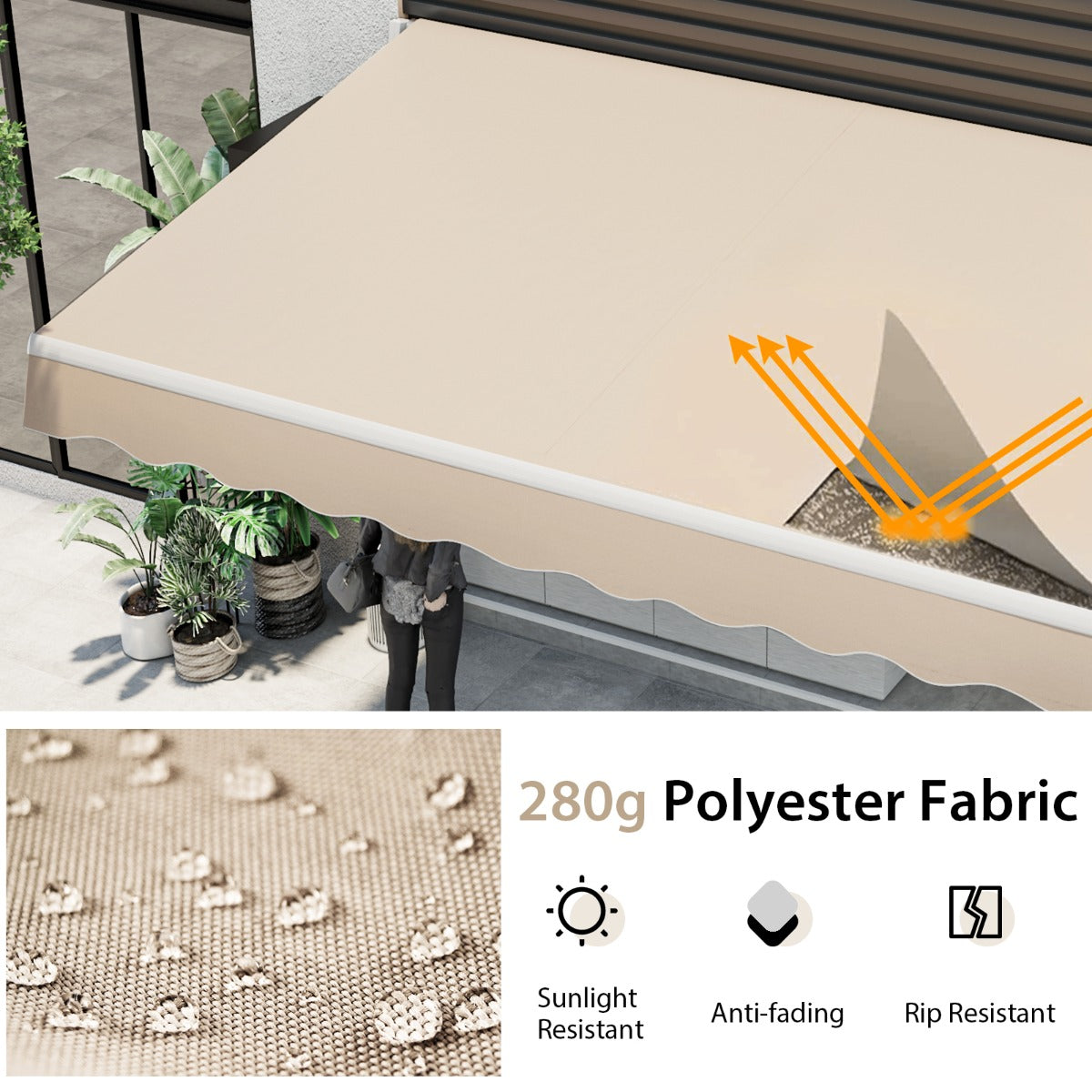 LIVSK Uittrekbaar Terraszonnescherm - 4 x 2,5 m - Handmatige Slinger - Verstelbare Helling 40°-100° - Duurzaam Aluminium - Beige