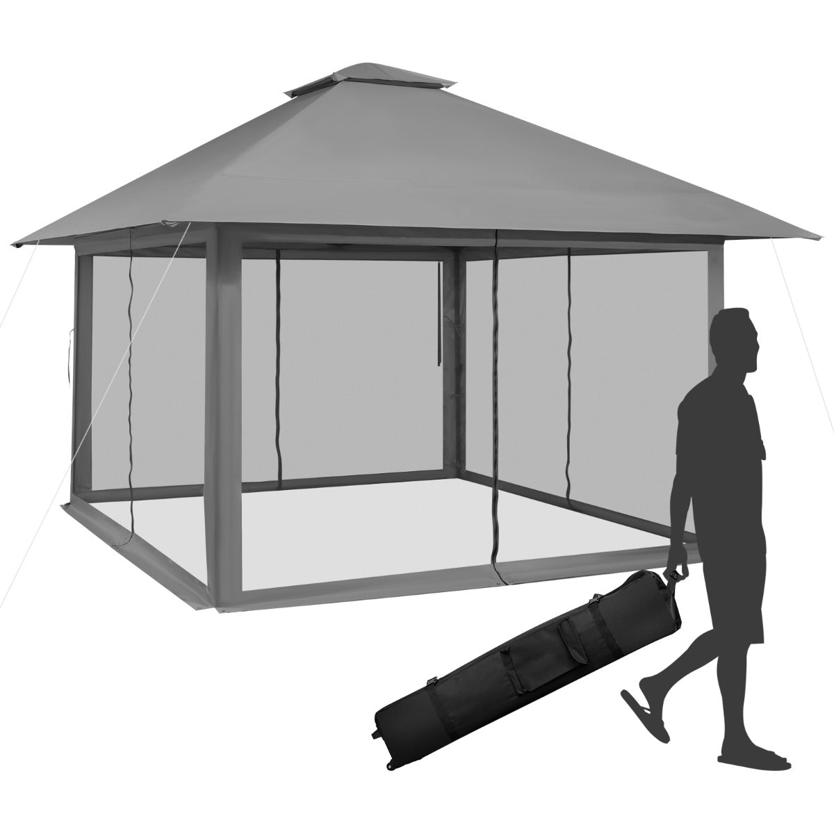 LIVSK Tuinpaviljoen met Gaaszijwanden - 16 m² Schaduw - Waterdicht en Scheurbestendig - Verstelbare Hoogte - Draagtas - Grijs