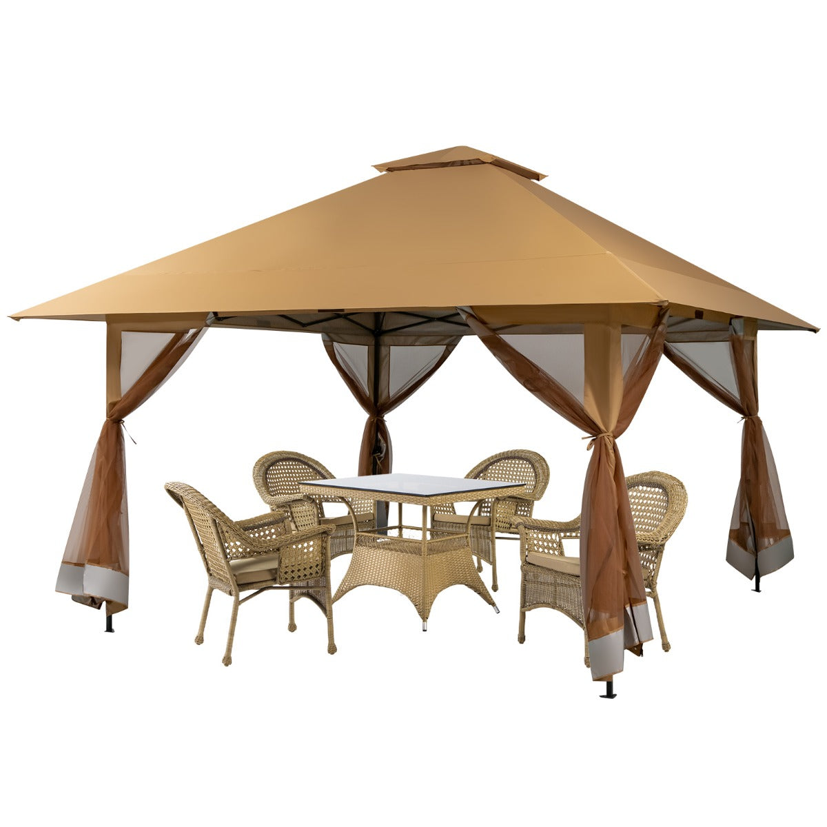 LIVSK Outdoor-paviljoen 4x4m - Geventileerd met Mesh Zijwanden - UV-Bescherming - Draagtas met Wielen - Tot 10 Personen - Kaki