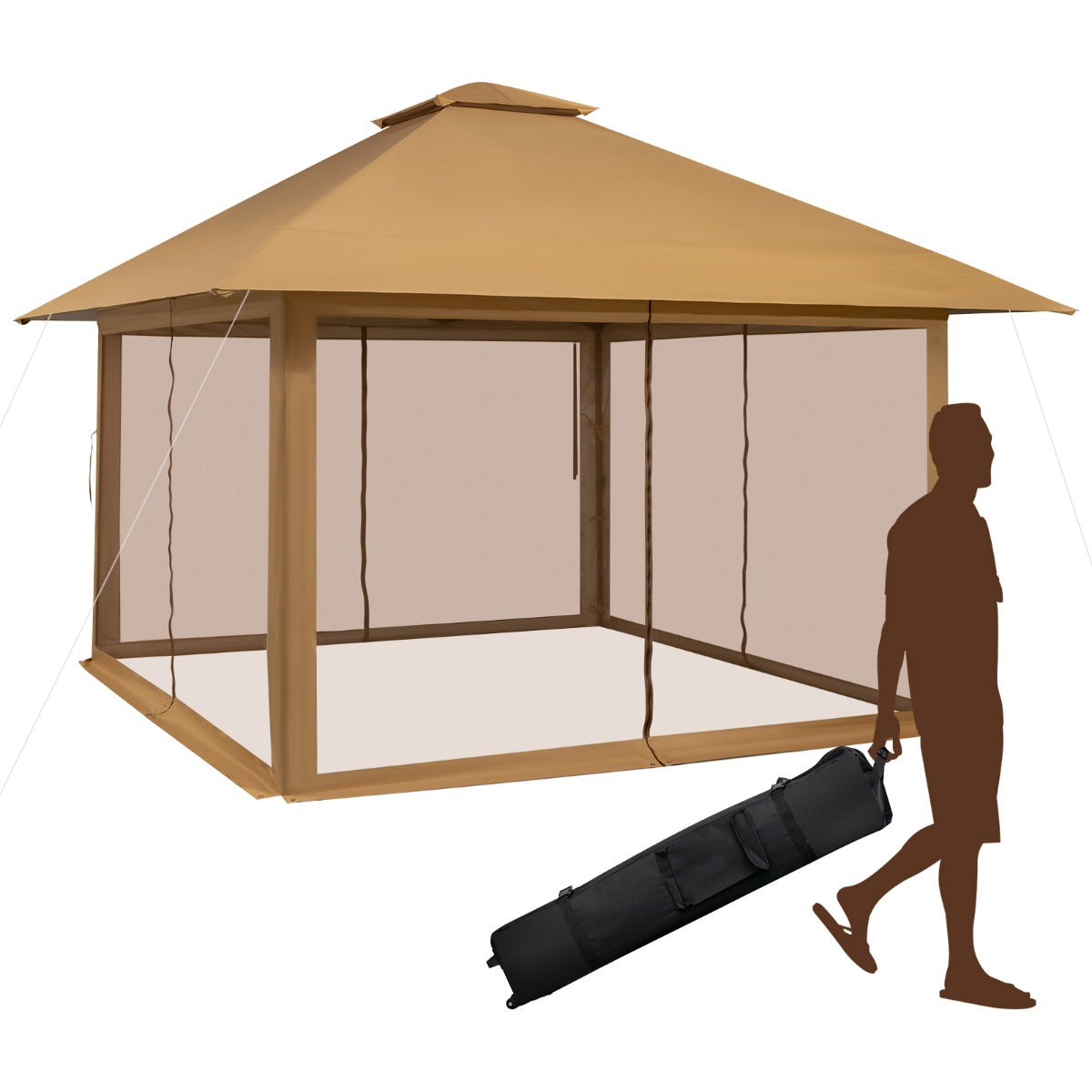LIVSK Outdoor-paviljoen 4x4m - Geventileerd met Mesh Zijwanden - UV-Bescherming - Draagtas met Wielen - Tot 10 Personen - Kaki