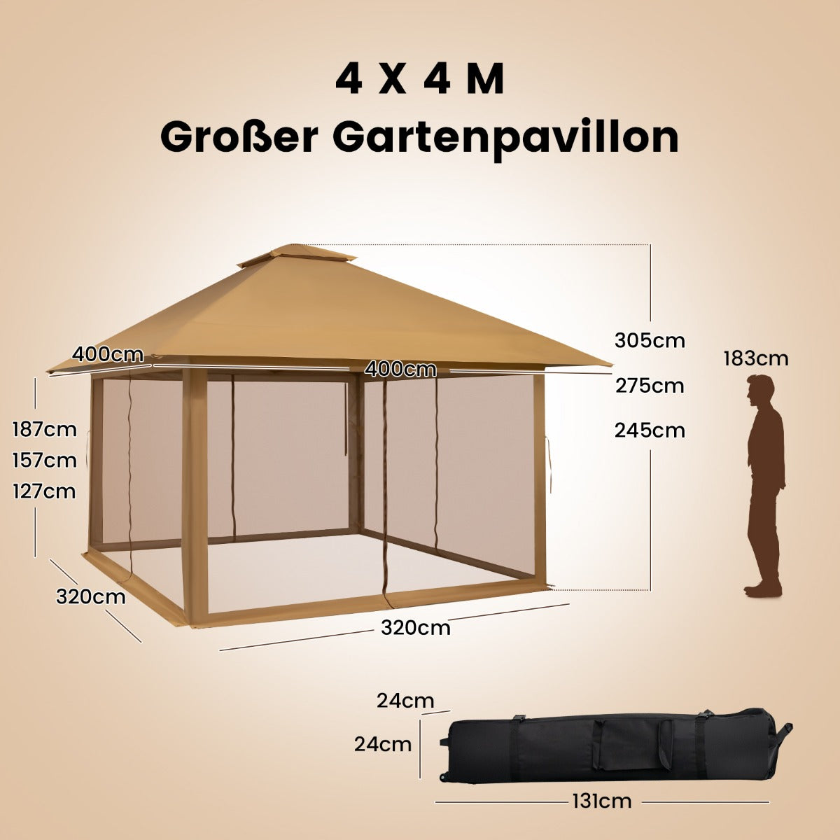 LIVSK Outdoor-paviljoen 4x4m - Geventileerd met Mesh Zijwanden - UV-Bescherming - Draagtas met Wielen - Tot 10 Personen - Kaki
