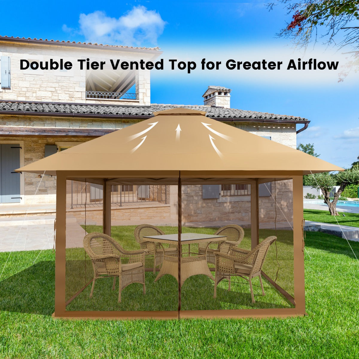 LIVSK Outdoor-paviljoen 4x4m - Geventileerd met Mesh Zijwanden - UV-Bescherming - Draagtas met Wielen - Tot 10 Personen - Kaki
