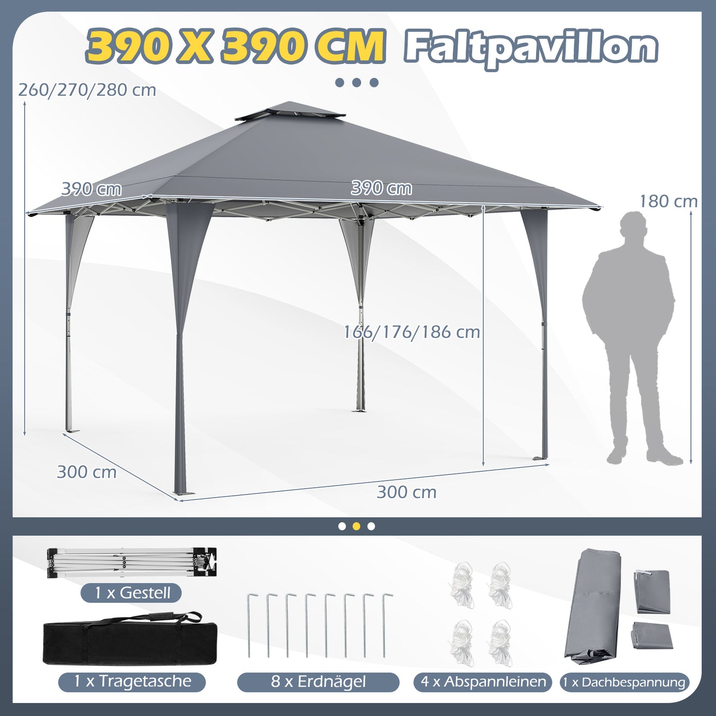 LIVSK Hoogteverstelbaar Tuinpaviljoen - Dubbel Dak - Pop-up Ontwerp - Stabiel Metalen Frame - 395 x 395 cm - Grijs