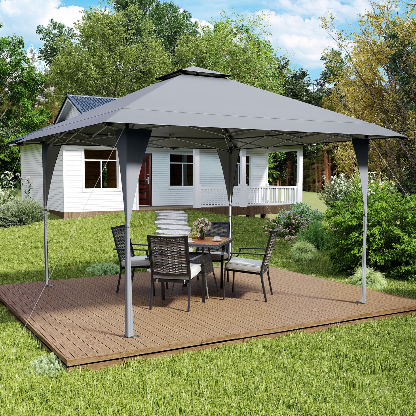 LIVSK Hoogteverstelbaar Tuinpaviljoen - Dubbel Dak - Pop-up Ontwerp - Stabiel Metalen Frame - 395 x 395 cm - Grijs