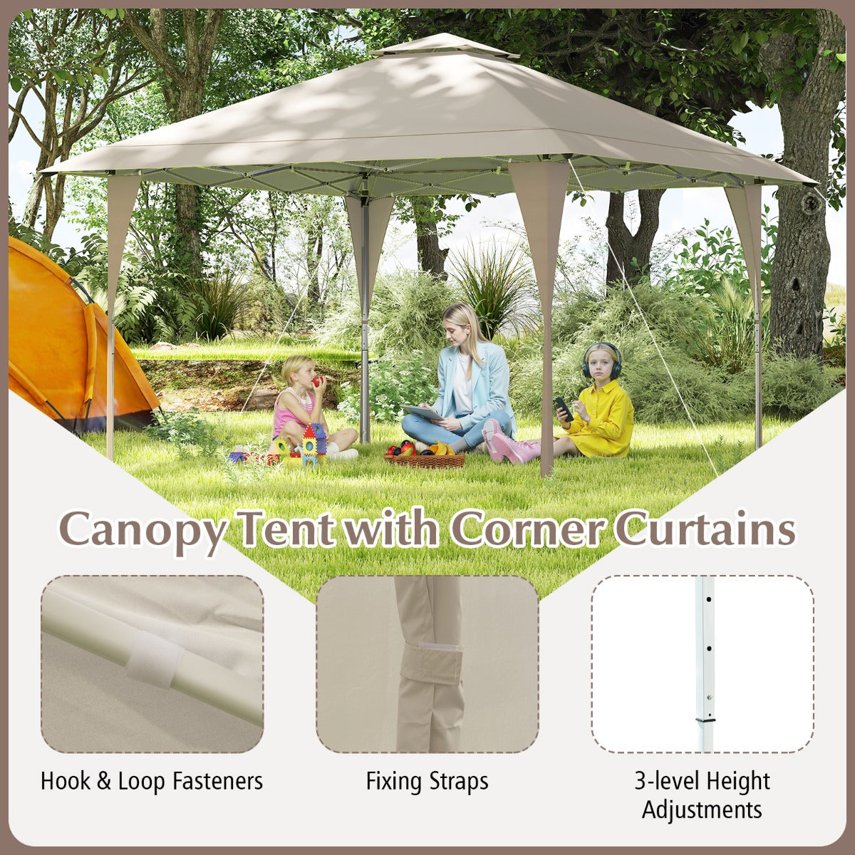 LIVSK Partytent - Verstelbaar Dubbel Dak - Stevig Metalen Frame - Slijtvast Oxford - 395 x 395 cm - Khaki