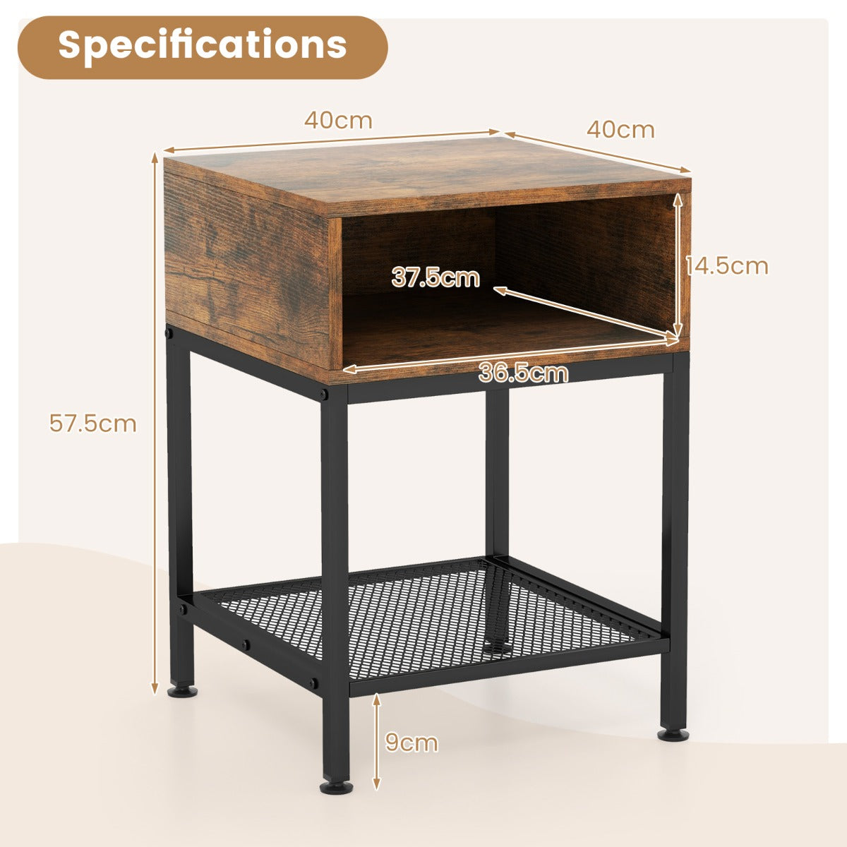 LIVSK Rechthoekige Bijzettafel met 3 Niveaus - Opbergvak en Open Plank - Stevig Metaal en Hout - Compact 40 x 40 x 57,5 cm -