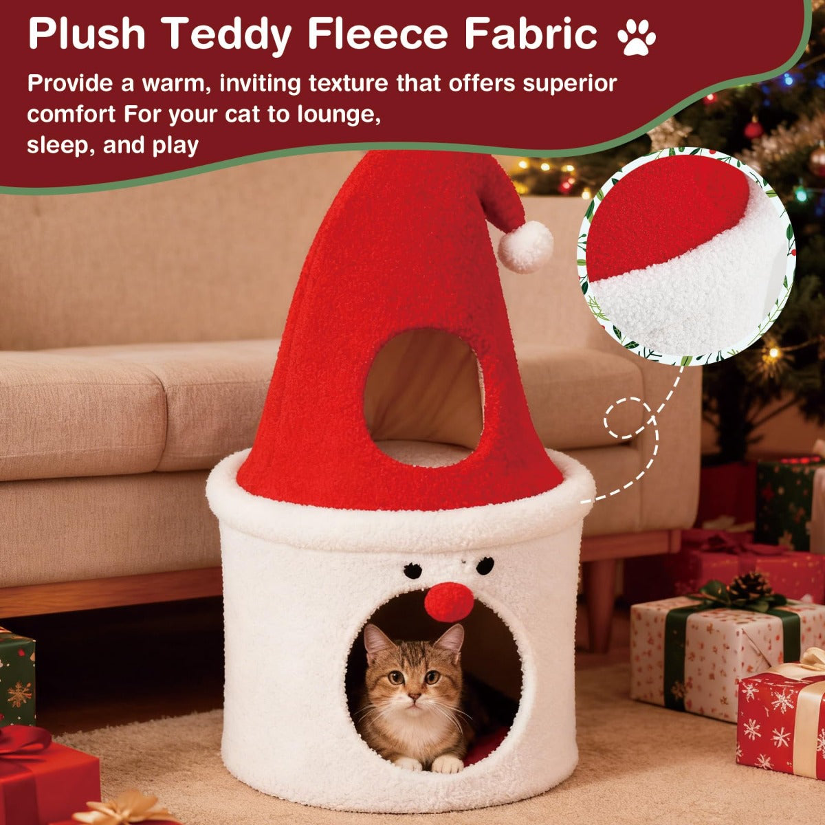 Livsk costway 40 x 40 x 75 cm kerstmis krabpaal met slaapgedeelte 75 cm moderne schattige kattentoren rood wit 5