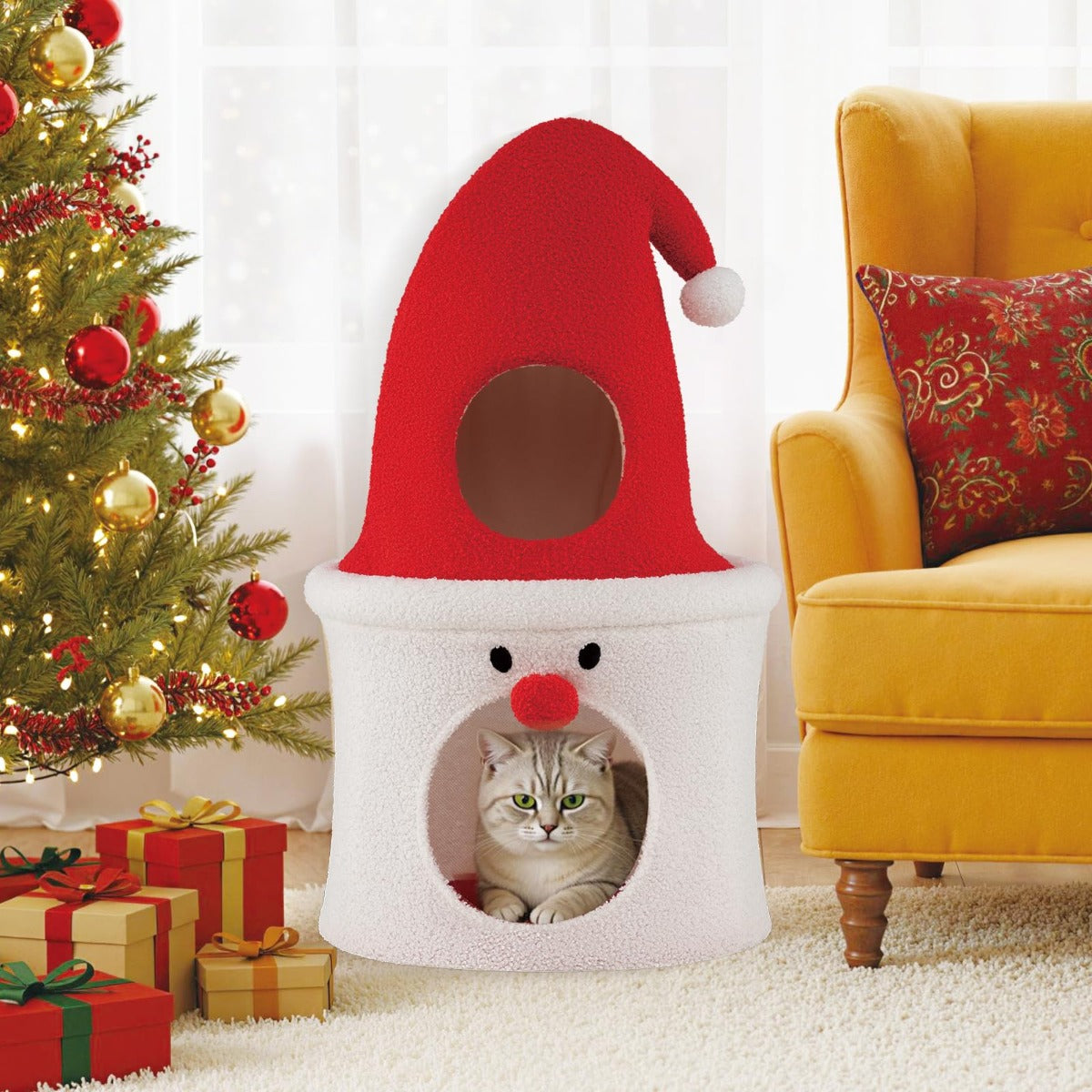 Livsk costway 40 x 40 x 75 cm kerstmis krabpaal met slaapgedeelte 75 cm moderne schattige kattentoren rood wit 6