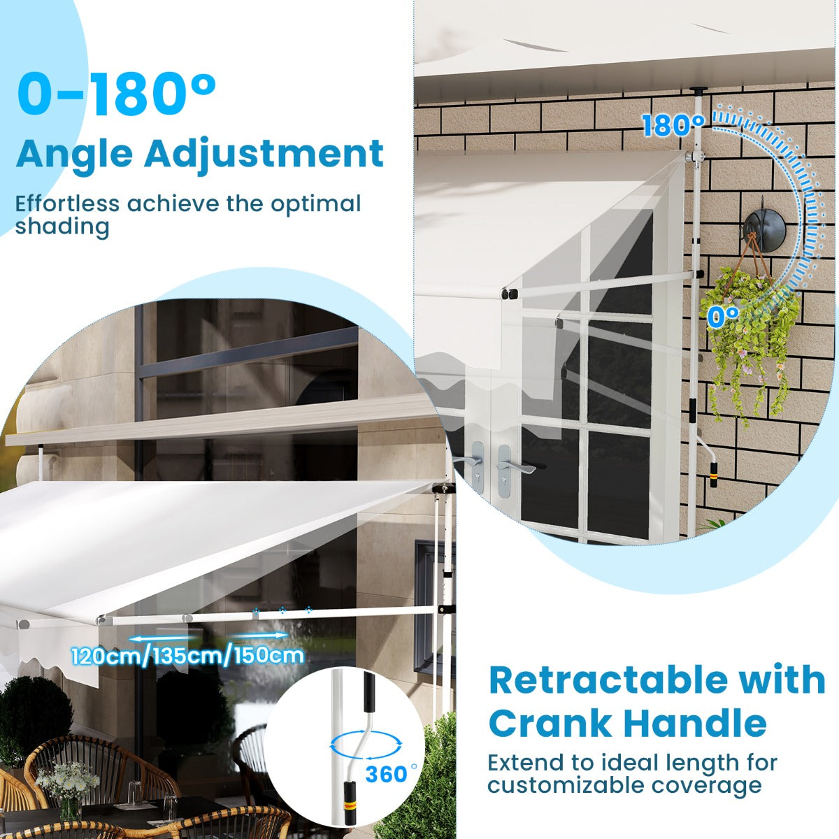 LIVSK Handmatig Uitschuifbare Zonwering - Verstelbare Hoogte 210-300 cm - Waterafstotend Polyester - Stabiele Constructie - Wit